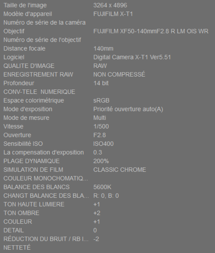 Capture des réglages du Fujifilm X-T1